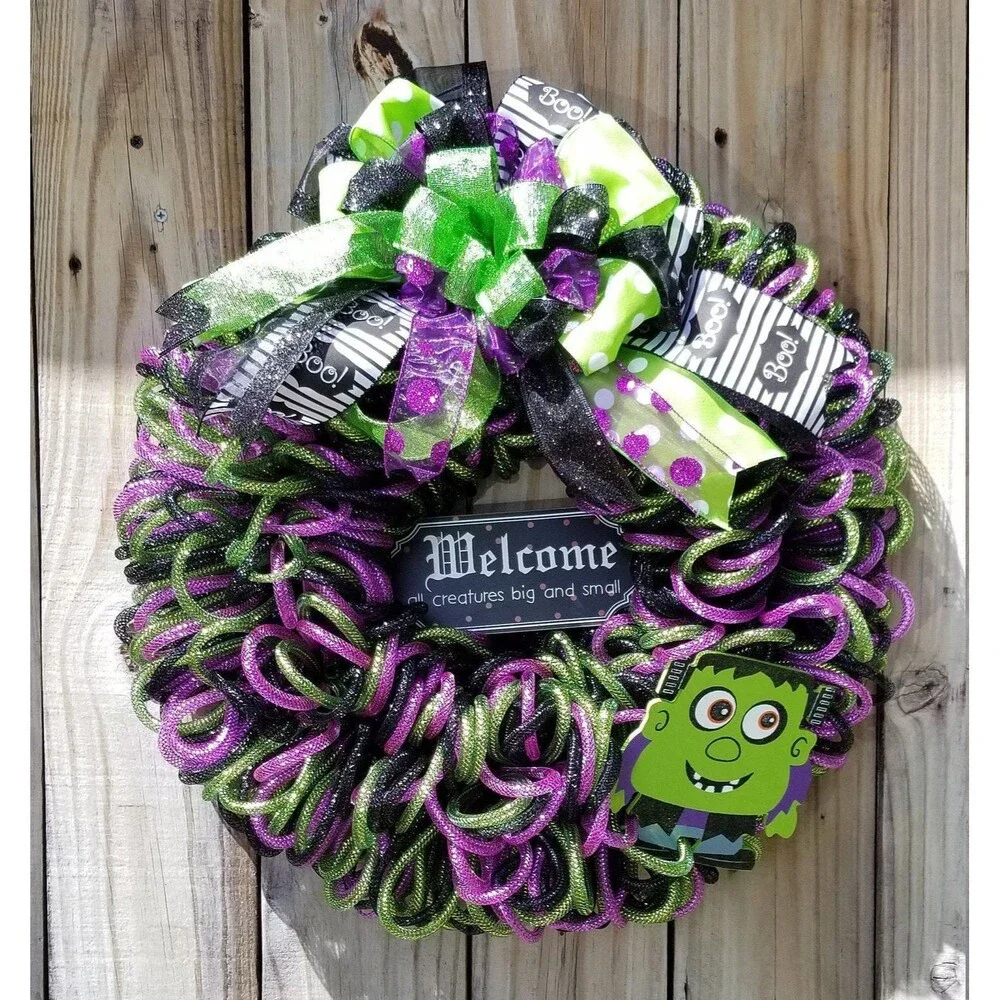 Halloween Monster Mash Bubble Tube Mesh Welcome Wreath front Door Decor